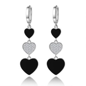 heart shape earrings, black rhinestone earrings white gold plated dangle length 52mm jewelry womens gift