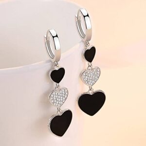 Heart Shape Earrings, Black Rhinestone Earrings White Gold Plated Dangle Length 52MM Jewelry Womens Gift