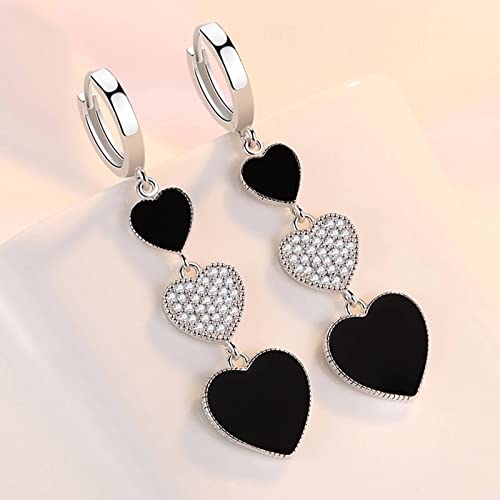 Heart Shape Earrings, Black Rhinestone Earrings White Gold Plated Dangle Length 52MM Jewelry Womens Gift