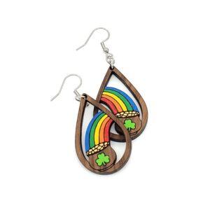 st patrick's day earrings for women lucky irish shamrock green clover hat cat dog teardrop wooden dangle earrings holiday jewelry gifts-rainbow