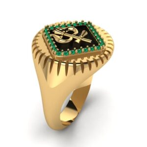 RATNAVALI ARTS Yellow Gold Plated Poseidon Greek God of The Sea Trident Ring (Emerald, 10)