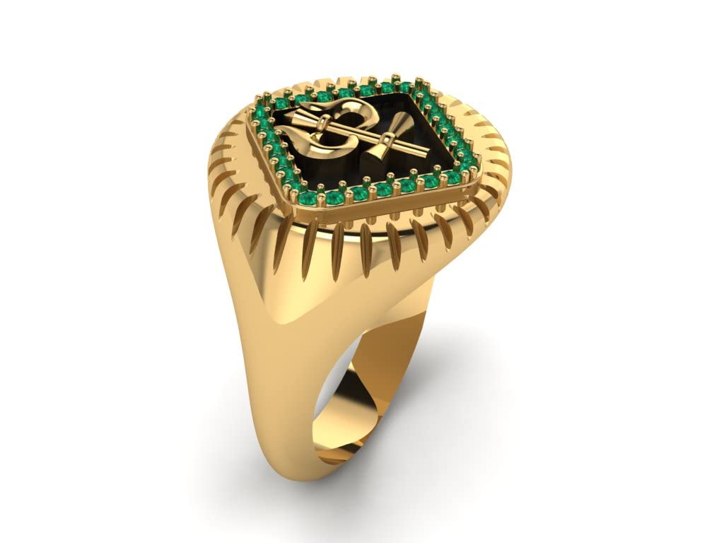 RATNAVALI ARTS Yellow Gold Plated Poseidon Greek God of The Sea Trident Ring (Emerald, 10)