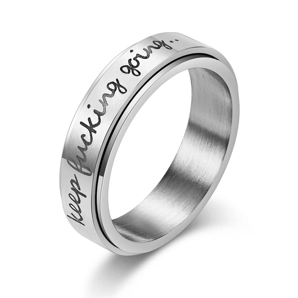 WOYNJI 8MM Stainless Steel Spinner Fidget Anxiety Ring for Men Women Inspirational Quote Keep Fucking Going Worry Stress Relieving Band Rings Silver Size 9