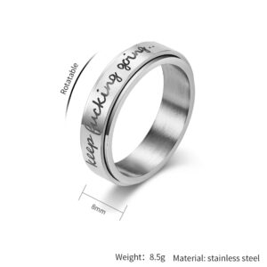 WOYNJI 8MM Stainless Steel Spinner Fidget Anxiety Ring for Men Women Inspirational Quote Keep Fucking Going Worry Stress Relieving Band Rings Silver Size 9