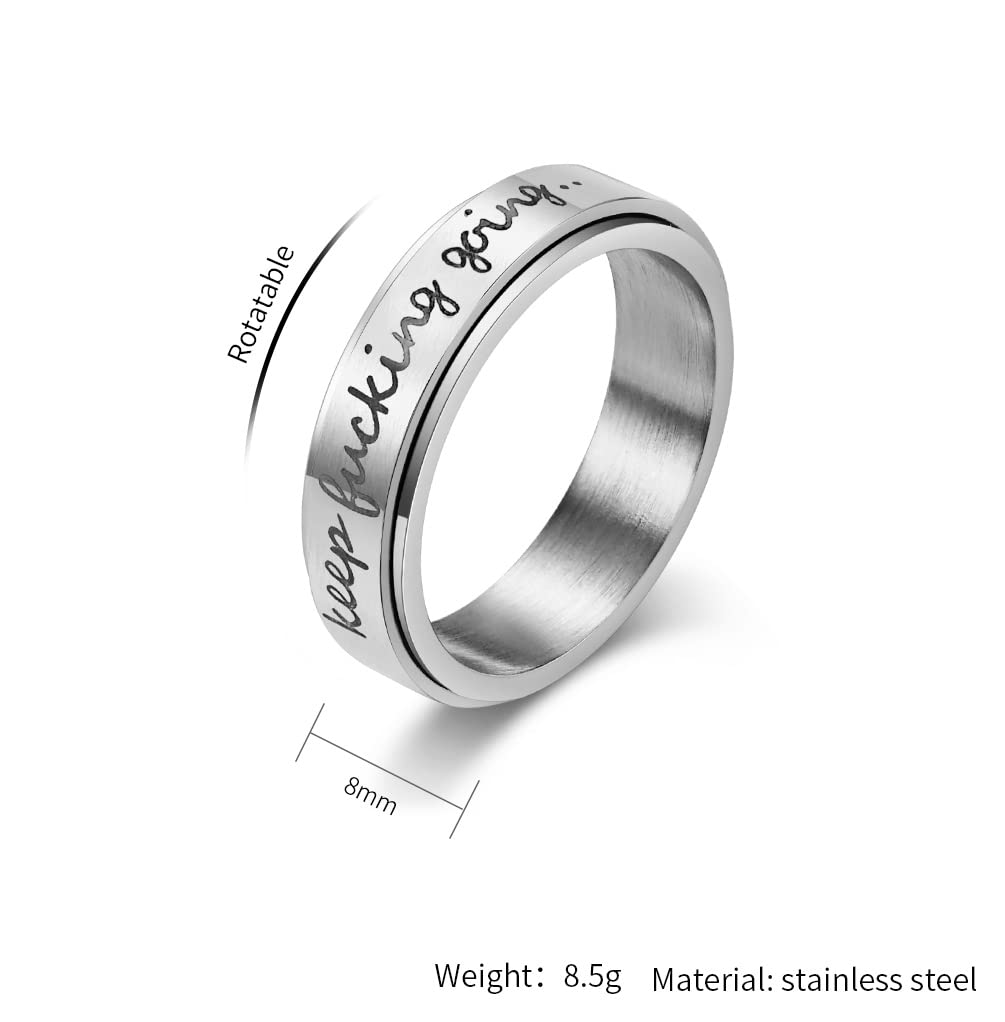 WOYNJI 8MM Stainless Steel Spinner Fidget Anxiety Ring for Men Women Inspirational Quote Keep Fucking Going Worry Stress Relieving Band Rings Silver Size 9