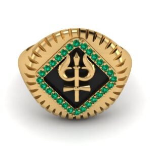 RATNAVALI ARTS Yellow Gold Plated Poseidon Greek God of The Sea Trident Ring (Emerald, 10)