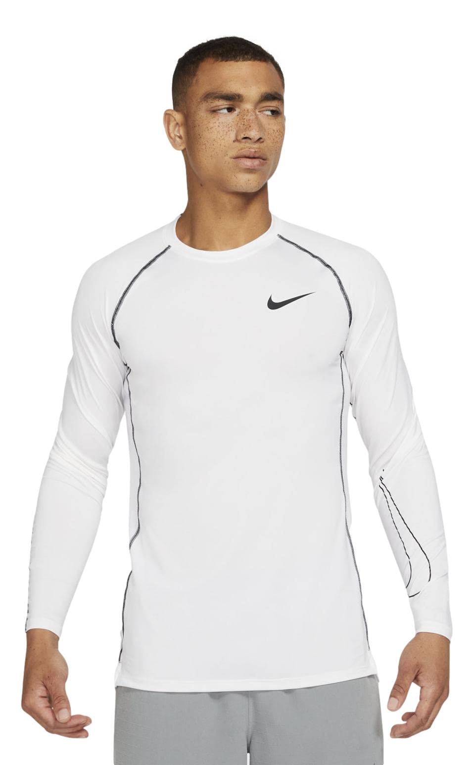 Nike Pro Dri-FIT Men's Tight Fit Long-Sleeve Training Top (as1, Alpha, x_l, Regular, Regular, White/Black) X-Large