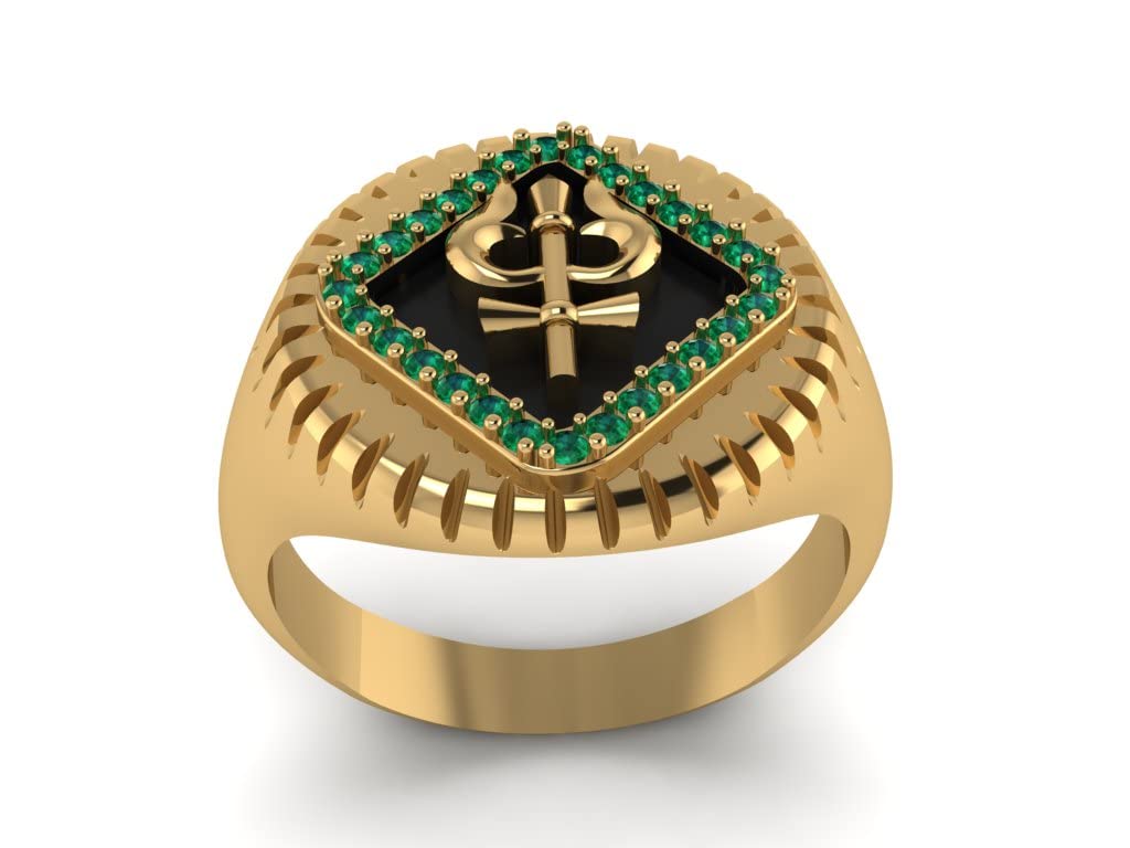 RATNAVALI ARTS Yellow Gold Plated Poseidon Greek God of The Sea Trident Ring (Emerald, 10)