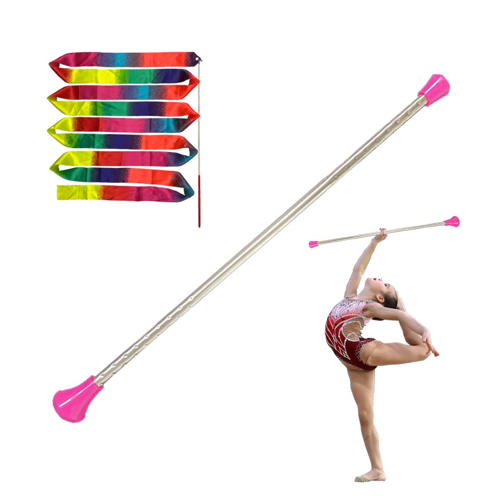 Dasiyoki 26-inch Twirling Baton Spinning Dance Baton Metal Rhythmic Gymnastics Conducting Batons for Child in Majorette-Complete with 1 Dance Ribbon Rainbow Streamer (Pink,1 Pack)