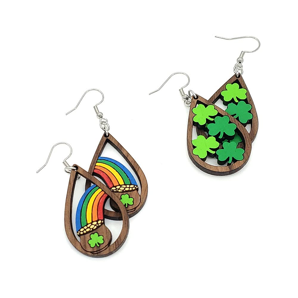 St Patrick's Day Earrings for Women Lucky Irish Shamrock Green Clover Hat Cat Dog Teardrop Wooden Dangle Earrings Holiday Jewelry Gifts-rainbow