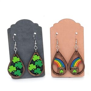 St Patrick's Day Earrings for Women Lucky Irish Shamrock Green Clover Hat Cat Dog Teardrop Wooden Dangle Earrings Holiday Jewelry Gifts-rainbow