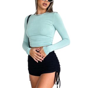 Women Slim Workout Shirt Top Long Sleeve Crewneck Skinny Athletic Top Solid Yoga Basic Crop Tee Tops (Solid Light Blue,Small)