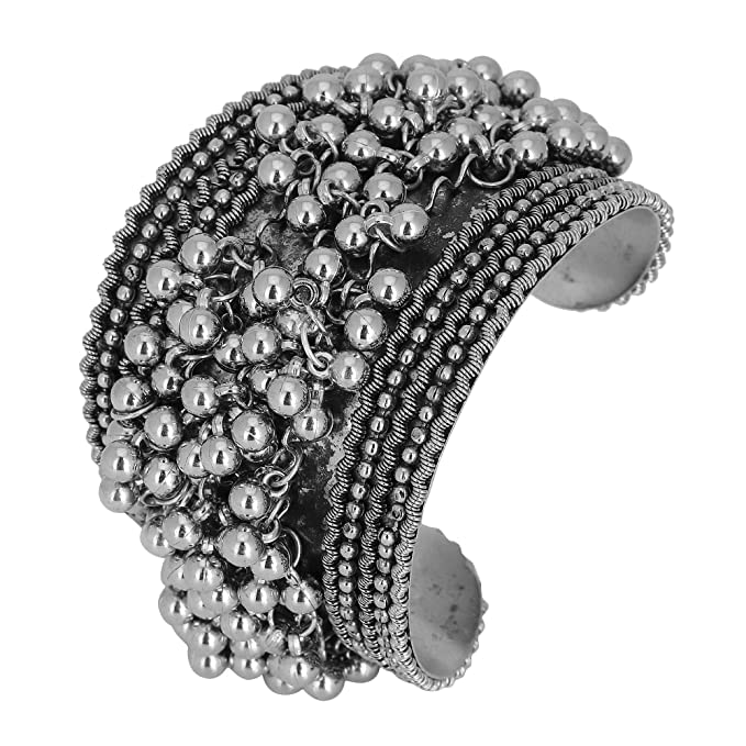 Eas Style Store German Silver Oxidized Hand Crafted Ghungroo Kadaa Bangle Open Bracelet Cuff for Women and Girls