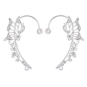 2 pcs butterfly ear cuff earrings for women non piercing rhinestone goth fairy elf ear cuff butterfly ear wrap earrings for bridal wedding prom for teen(silver)