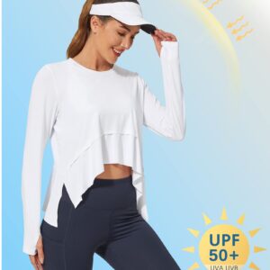 G4Free Women's Long Sleeve Workout Shirts UPF 50+ Sun Protection Crop Tops Lightweight Quick Dry Rash Guard Shirt (White,L)