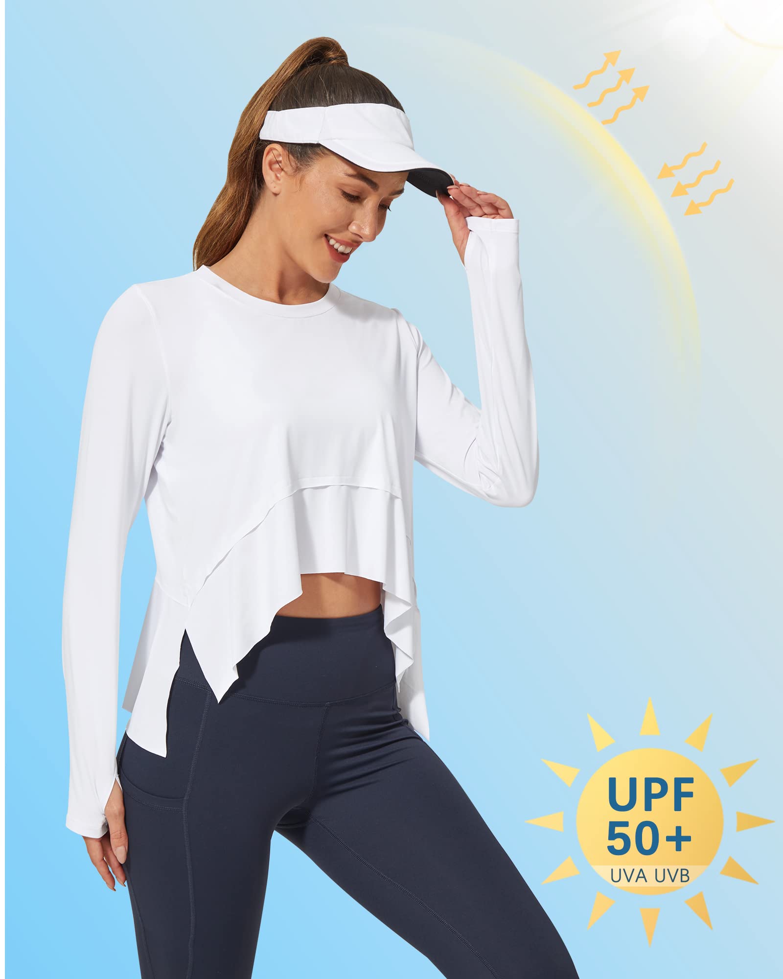 G4Free Women's Long Sleeve Workout Shirts UPF 50+ Sun Protection Crop Tops Lightweight Quick Dry Rash Guard Shirt (White,L)