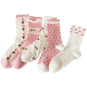 bonheurq 5/6/10/12 pairs floral cute socks for women kawaii design cottagecore colorful casual dress athletic crew socks pack (lolita white 5 pairs)