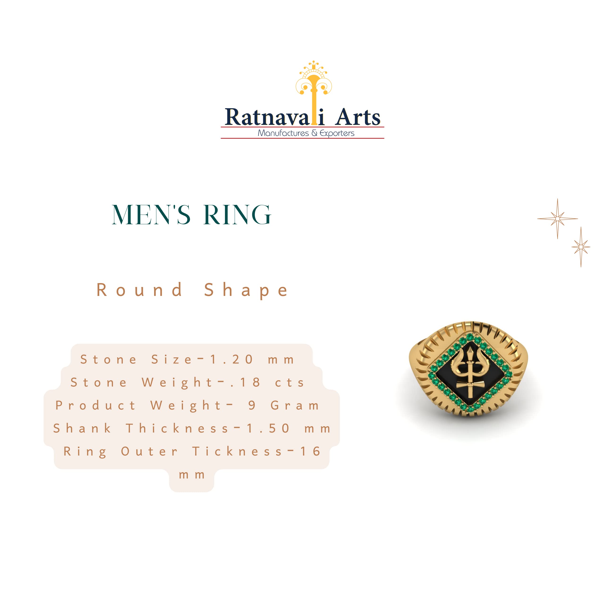 RATNAVALI ARTS Yellow Gold Plated Poseidon Greek God of The Sea Trident Ring (Emerald, 10)