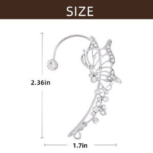 2 Pcs Butterfly Ear Cuff Earrings for Women Non Piercing Rhinestone Goth Fairy Elf Ear Cuff Butterfly Ear Wrap Earrings for Bridal Wedding Prom For Teen(Silver)