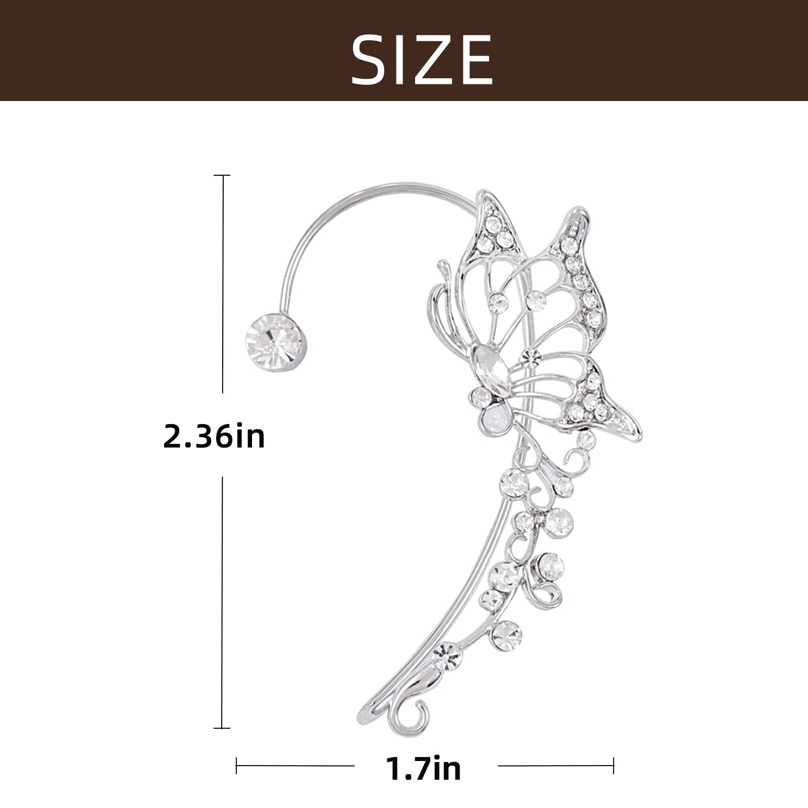 2 Pcs Butterfly Ear Cuff Earrings for Women Non Piercing Rhinestone Goth Fairy Elf Ear Cuff Butterfly Ear Wrap Earrings for Bridal Wedding Prom For Teen(Silver)