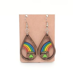 St Patrick's Day Earrings for Women Lucky Irish Shamrock Green Clover Hat Cat Dog Teardrop Wooden Dangle Earrings Holiday Jewelry Gifts-rainbow