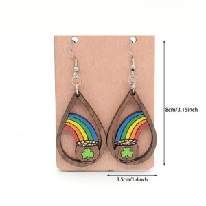 St Patrick's Day Earrings for Women Lucky Irish Shamrock Green Clover Hat Cat Dog Teardrop Wooden Dangle Earrings Holiday Jewelry Gifts-rainbow