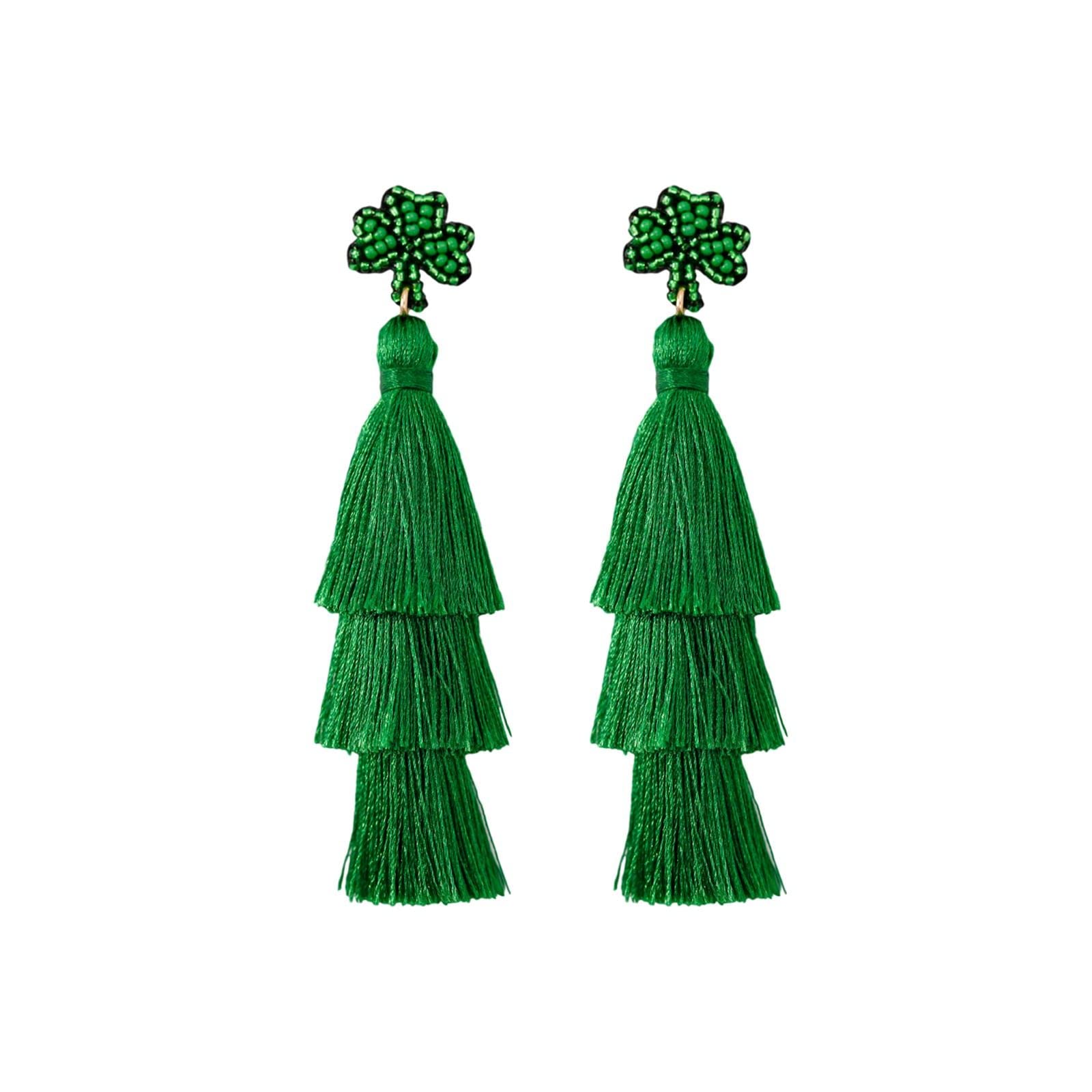 St. Patrick's Day Irish Shamrock Beaded Dangle Earrings Dainty St. Patrick's Day Hat Wine Bottle Shape Tassel Earrings for Women Jewelry(B)