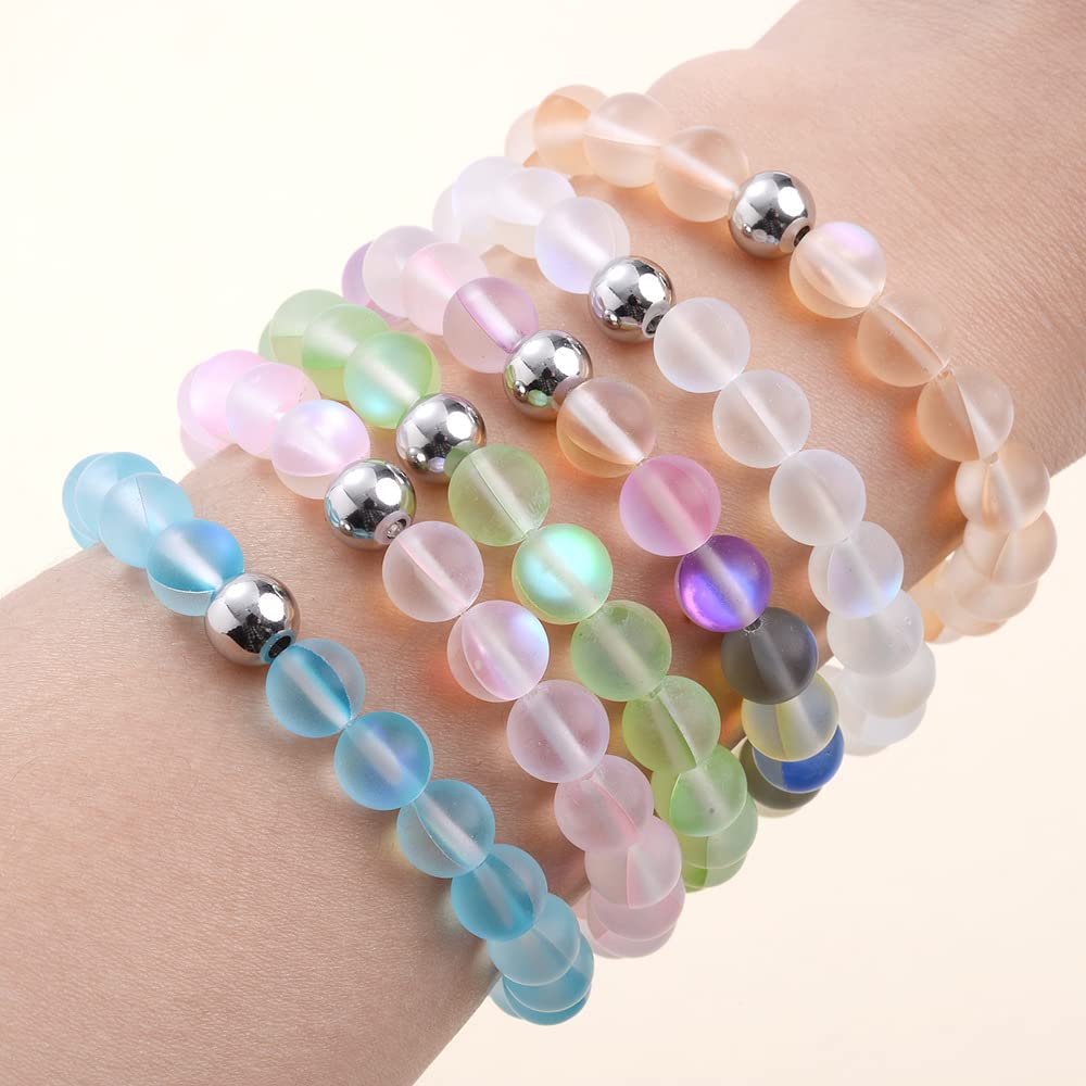 FORUBUS Mystic Mermaid Beaded Stretch Bracelet, Mermaid Glass Beads Shimmer Moonstone Strand Bracelet, 8mm Frosted Beads Bracelet for Women Vacation Jewelry (Colorful)