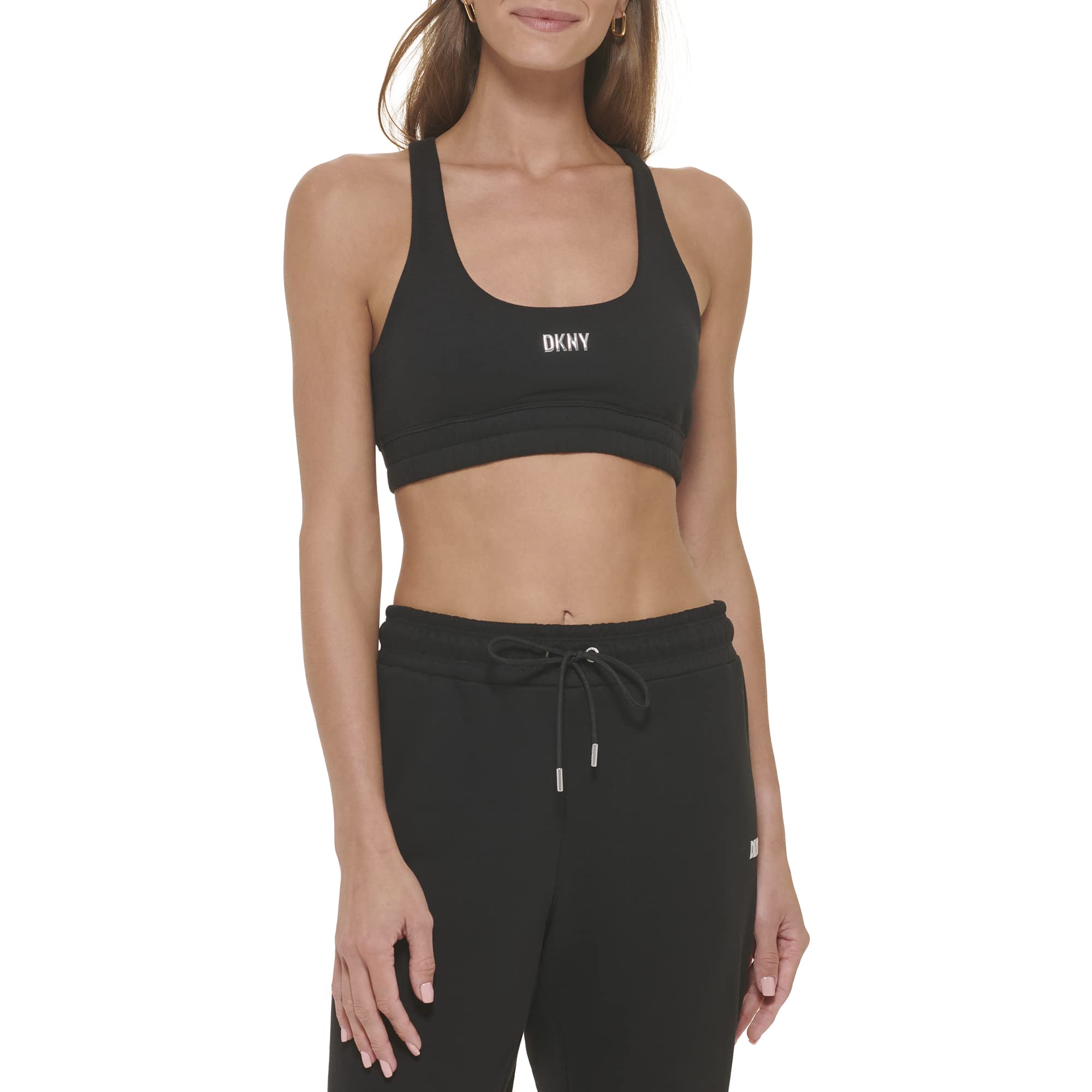 DKNY Sport Women's Performance Support Yoga Running Bra, Black/Silver