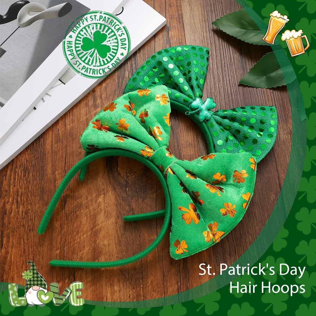 DRESBE St. Patrick's Day Headbands Green Shamrock Bowknot Hair Hoop Cute Festival Hair Accessories for Women and Girls(2pcs) (A)