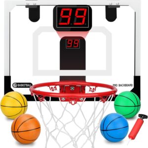 Pro Indoor Mini Basketball Hoop Set for Kids Adults, Wall Mount Automatic Scoring Basketball Hoop with 4 Rubber 6" Balls, Over The Door Basketball Hoops with Electronic Scoreboard Large Dunk Rim