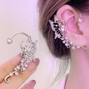 2 Pcs Butterfly Ear Cuff Earrings for Women Non Piercing Rhinestone Goth Fairy Elf Ear Cuff Butterfly Ear Wrap Earrings for Bridal Wedding Prom For Teen(Silver)