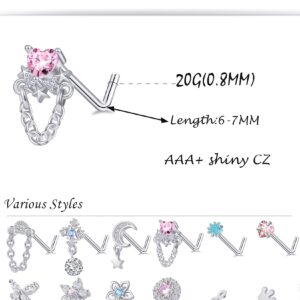 Tornito 16Pcs Dangle Nose Rings Stud L Shaped Cubic Zirconia Butterfly Heart Star Moon Flower Crown Assorted Shape Stainless Steel Nostril Piercing Jewelry for Women Men 20G Silver Tone