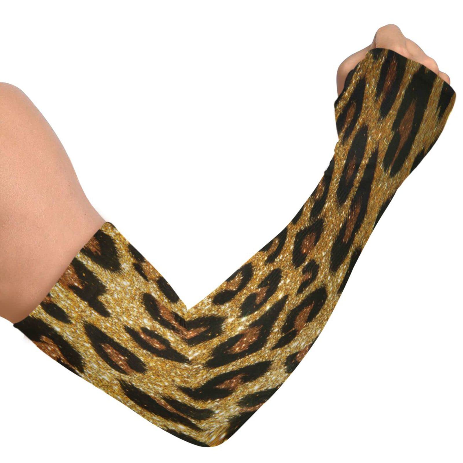 Dussdil Gold Leopard Cheetah Gardening Arm Sleeves Farmers Garden Farm Sleeves UV Sun Protection Cooling Sleeves for Women Men with Thumb Hole