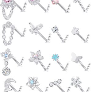 Tornito 16Pcs Dangle Nose Rings Stud L Shaped Cubic Zirconia Butterfly Heart Star Moon Flower Crown Assorted Shape Stainless Steel Nostril Piercing Jewelry for Women Men 20G Silver Tone