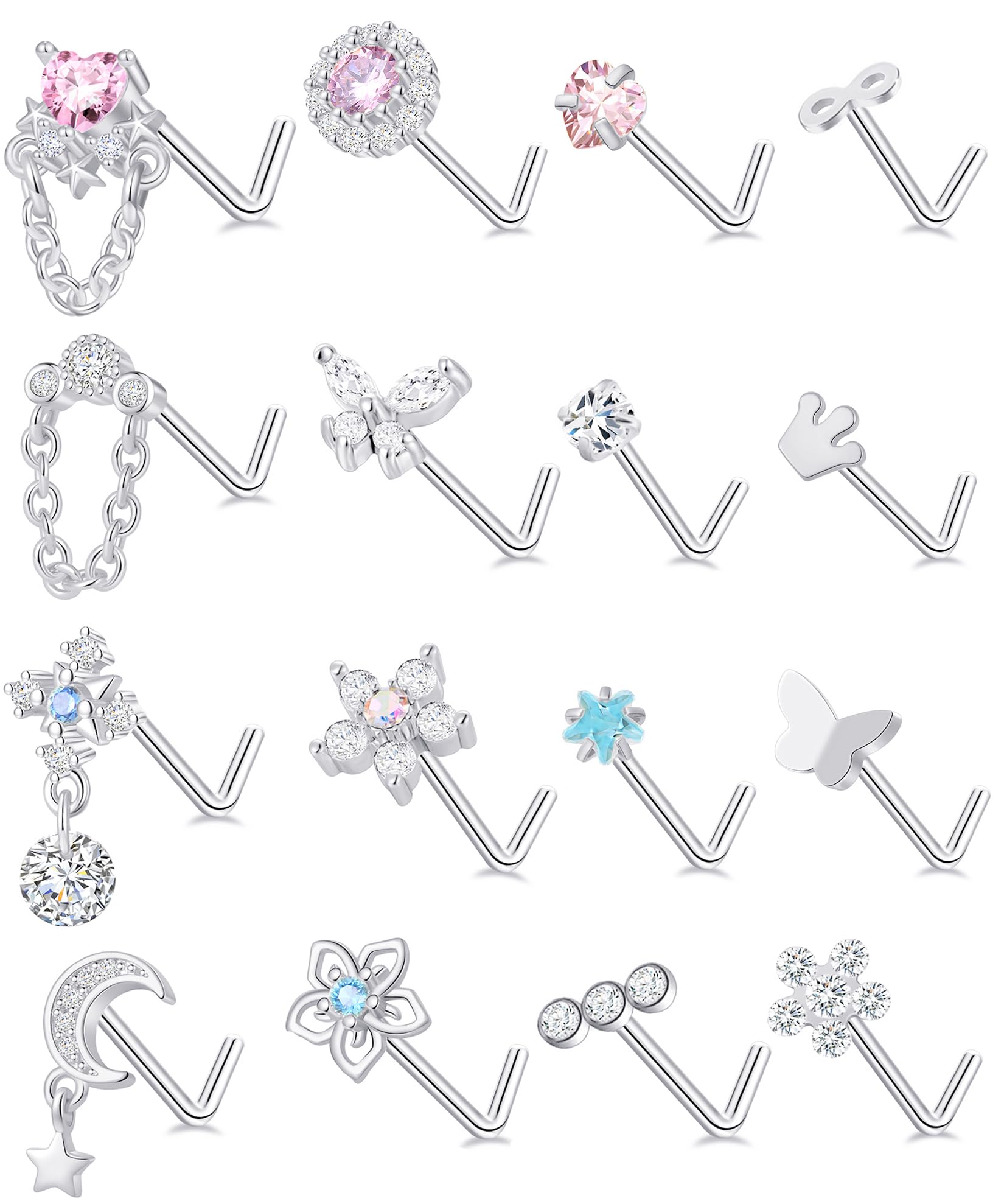 Tornito 16Pcs Dangle Nose Rings Stud L Shaped Cubic Zirconia Butterfly Heart Star Moon Flower Crown Assorted Shape Stainless Steel Nostril Piercing Jewelry for Women Men 20G Silver Tone