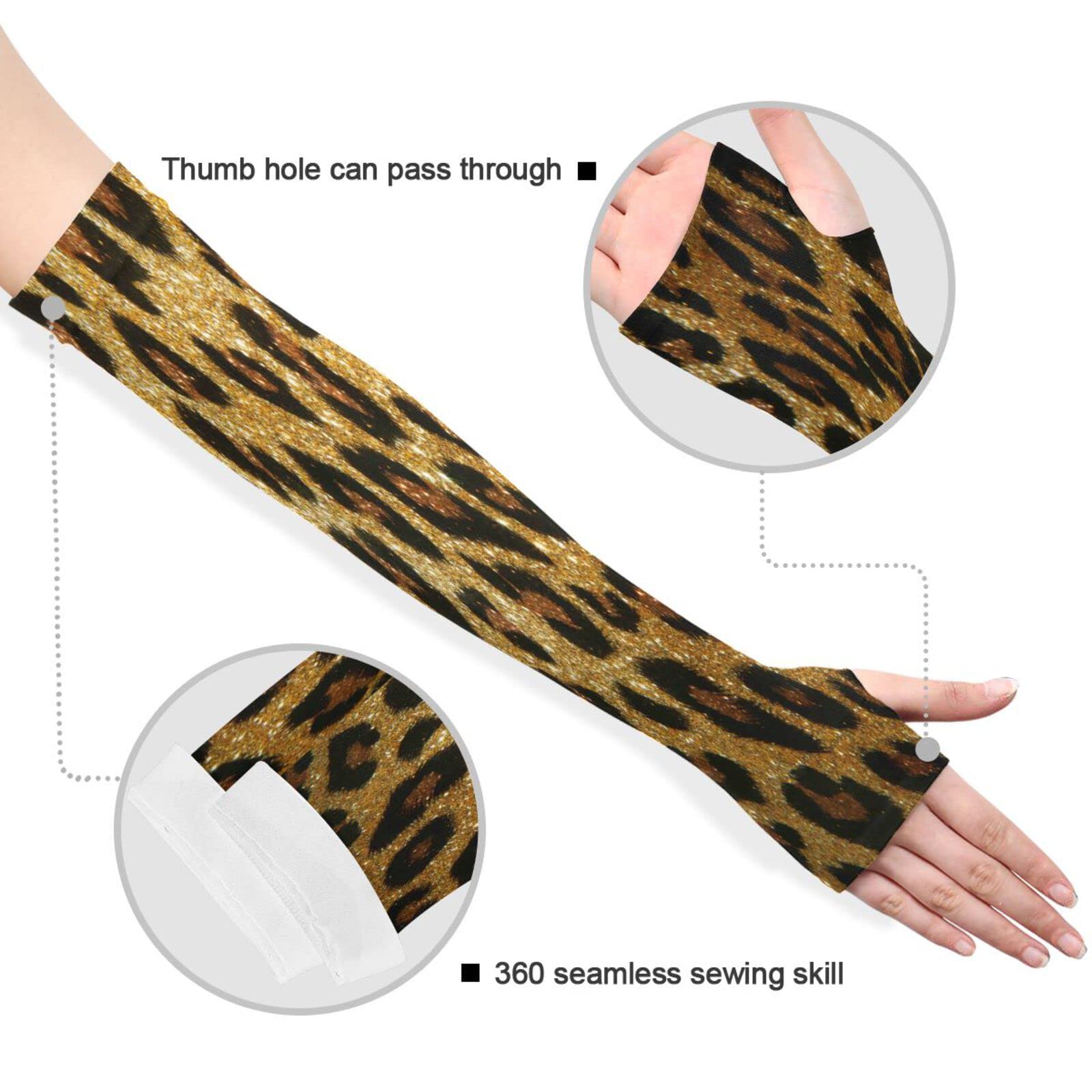 Dussdil Gold Leopard Cheetah Gardening Arm Sleeves Farmers Garden Farm Sleeves UV Sun Protection Cooling Sleeves for Women Men with Thumb Hole