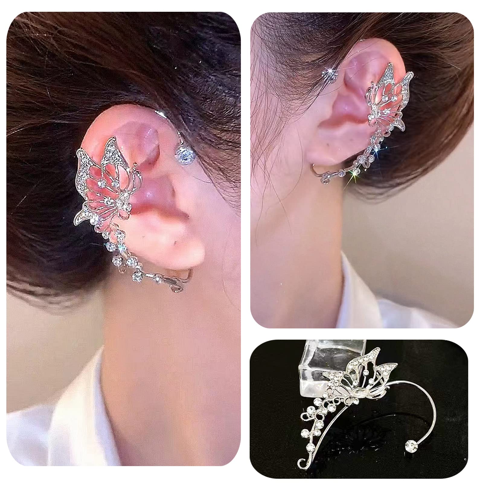 2 Pcs Butterfly Ear Cuff Earrings for Women Non Piercing Rhinestone Goth Fairy Elf Ear Cuff Butterfly Ear Wrap Earrings for Bridal Wedding Prom For Teen(Silver)