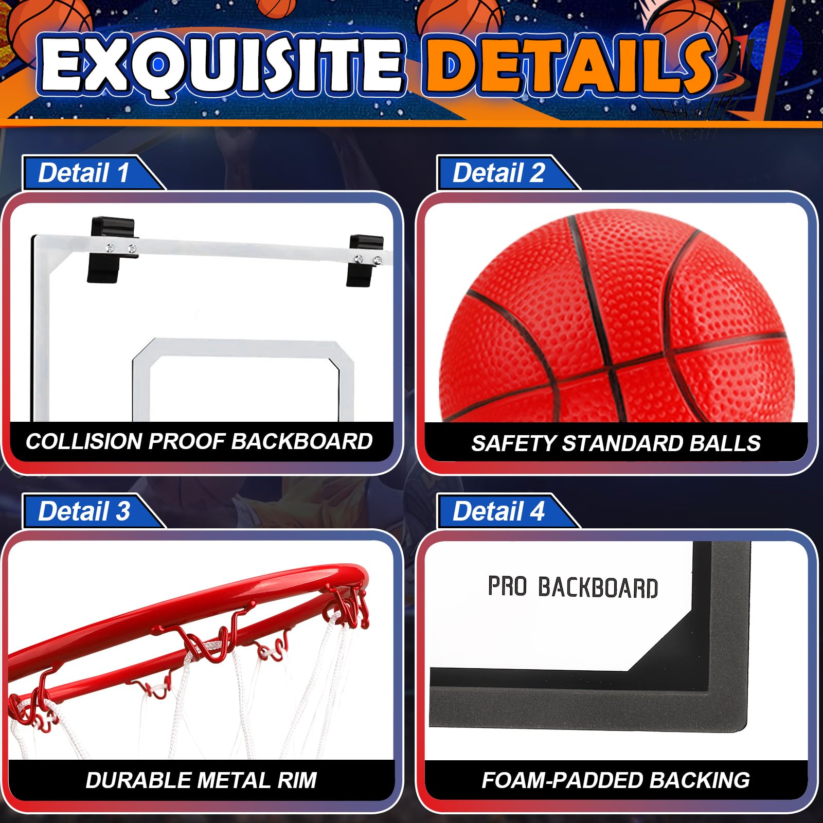 Pro Indoor Mini Basketball Hoop Set for Kids Adults, Wall Mount Automatic Scoring Basketball Hoop with 4 Rubber 6" Balls, Over The Door Basketball Hoops with Electronic Scoreboard Large Dunk Rim