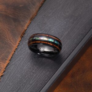 8mm Tungsten Carbide Hawaiian Koa Wood Tree and Abalone Shell Inlay Mauka to Makai Comfort Fit Ring Engagement Wedding Band Dome Style Weighted High Polished with Gift Box (Black Tungsten Koa Wood and Abalone Shell, 12.5)