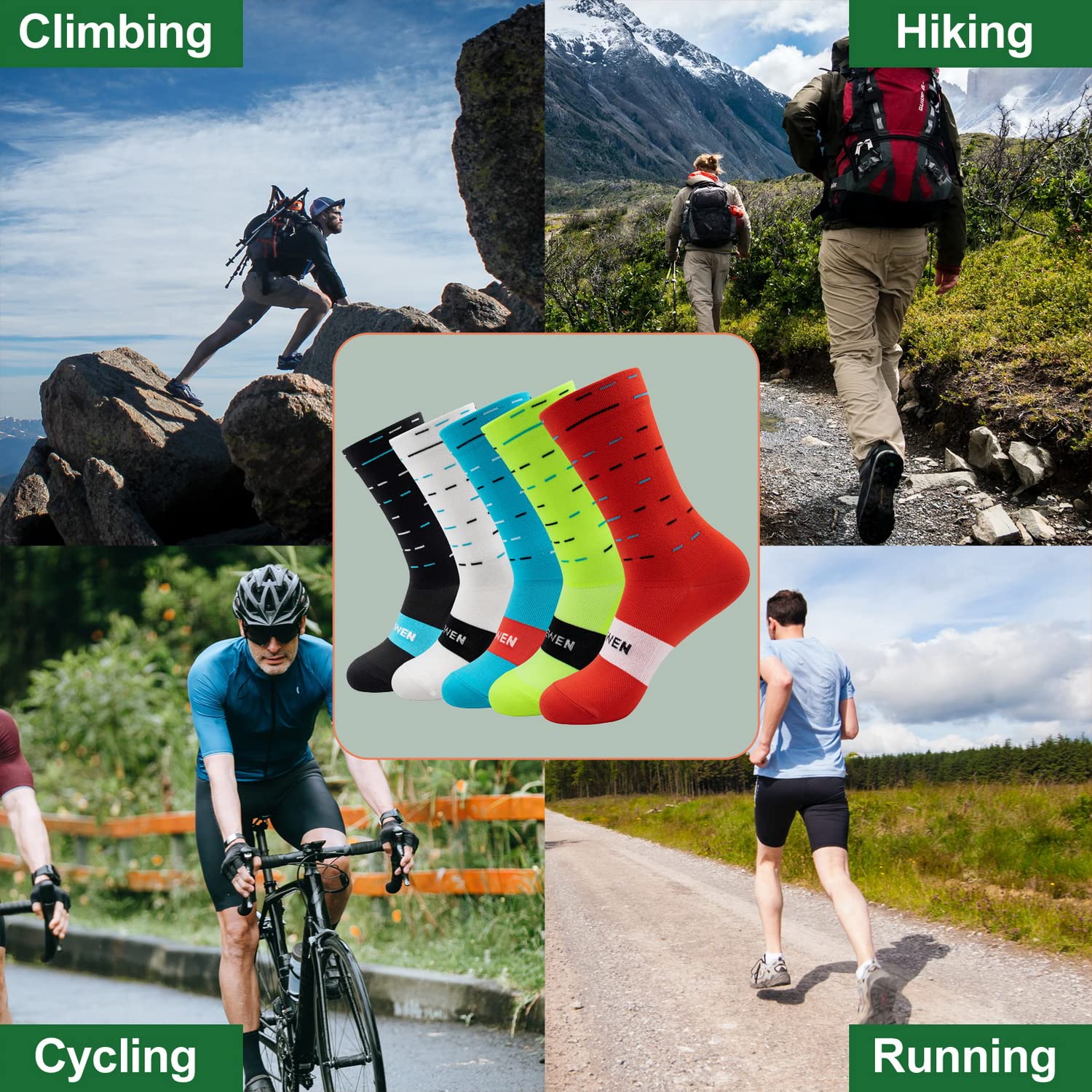 Yelewen Cycling Socks Compression Athletic Crew Running Socks Mens Womens Hiking Riding Bike Triathlon Workout Climbing Sport 5 Pairs