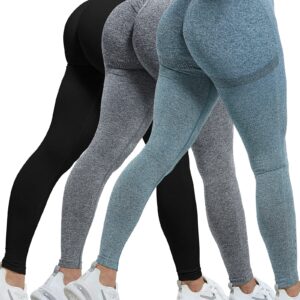 CHRLEISURE 3 Piece Workout Leggings Sets for Women, Gym Scrunch Butt Butt Lifting Seamless Leggings (Black, DGray, Blue, L)-1