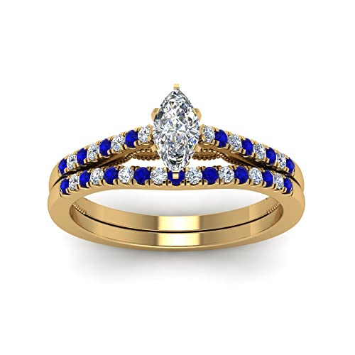 View In Different Gemstone's yellow gold plated Created Blue Sapphire Marquise shape Blue color Wedding Ring Sets prong Setting in Size 13.5 Handcraft Chakra Healing GPR-D182-MARQUISE-CBS-13.5