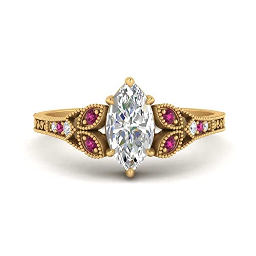 Jewelryonclick Split Band Antique Engagement Ring Yellow Gold Plated Created Pink Sapphire Marquise Shape Pink Color Side Stone Engagement Rings Pave Setting in Size 13.5 Birthstone