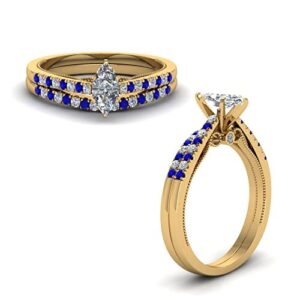 View In Different Gemstone's yellow gold plated Created Blue Sapphire Marquise shape Blue color Wedding Ring Sets prong Setting in Size 13.5 Handcraft Chakra Healing GPR-D182-MARQUISE-CBS-13.5