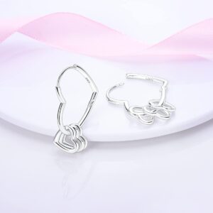 NARMO 925 Silver Earrings for Woman Heart Hoops Asymmetrical Heart Hoop Earrings Sterling Silver Heart Shaped Hoop Earrings