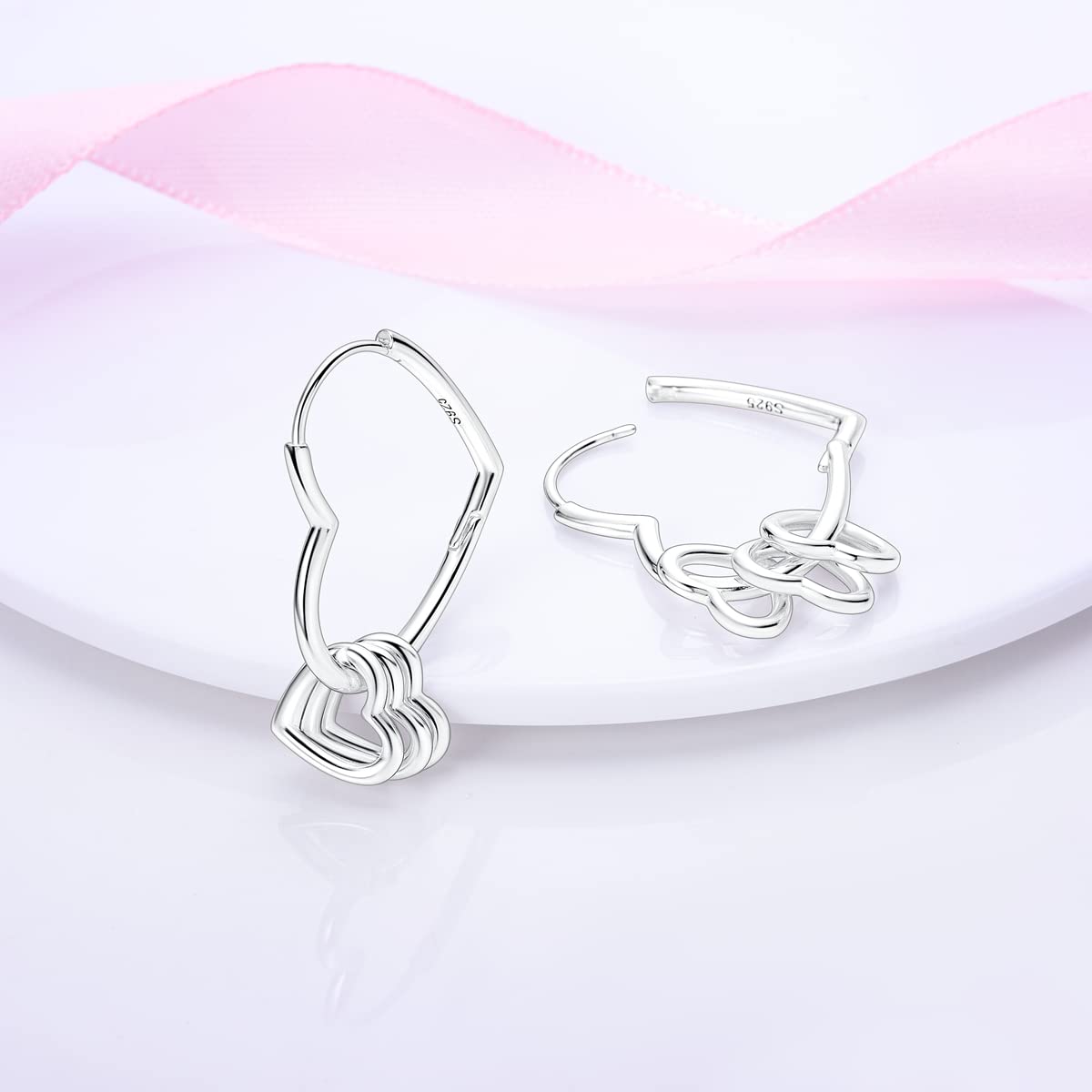 NARMO 925 Silver Earrings for Woman Heart Hoops Asymmetrical Heart Hoop Earrings Sterling Silver Heart Shaped Hoop Earrings