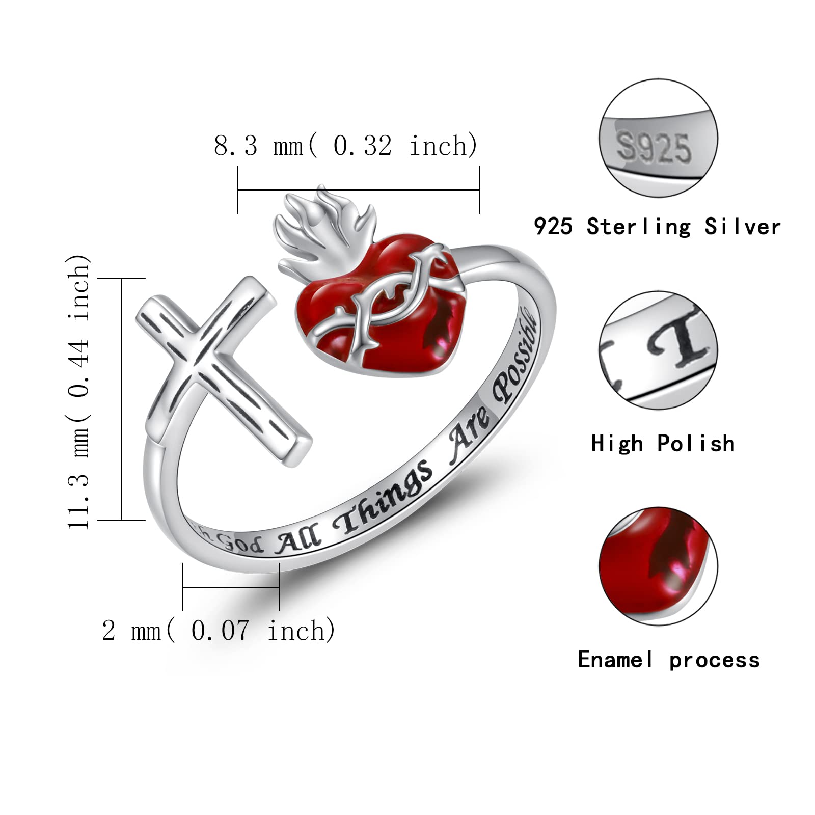 Sacred Heart of Jesus Ring 925 Sterling Silver Cross Rings God's Love Jewelry Amulet Gifts for Women (8)