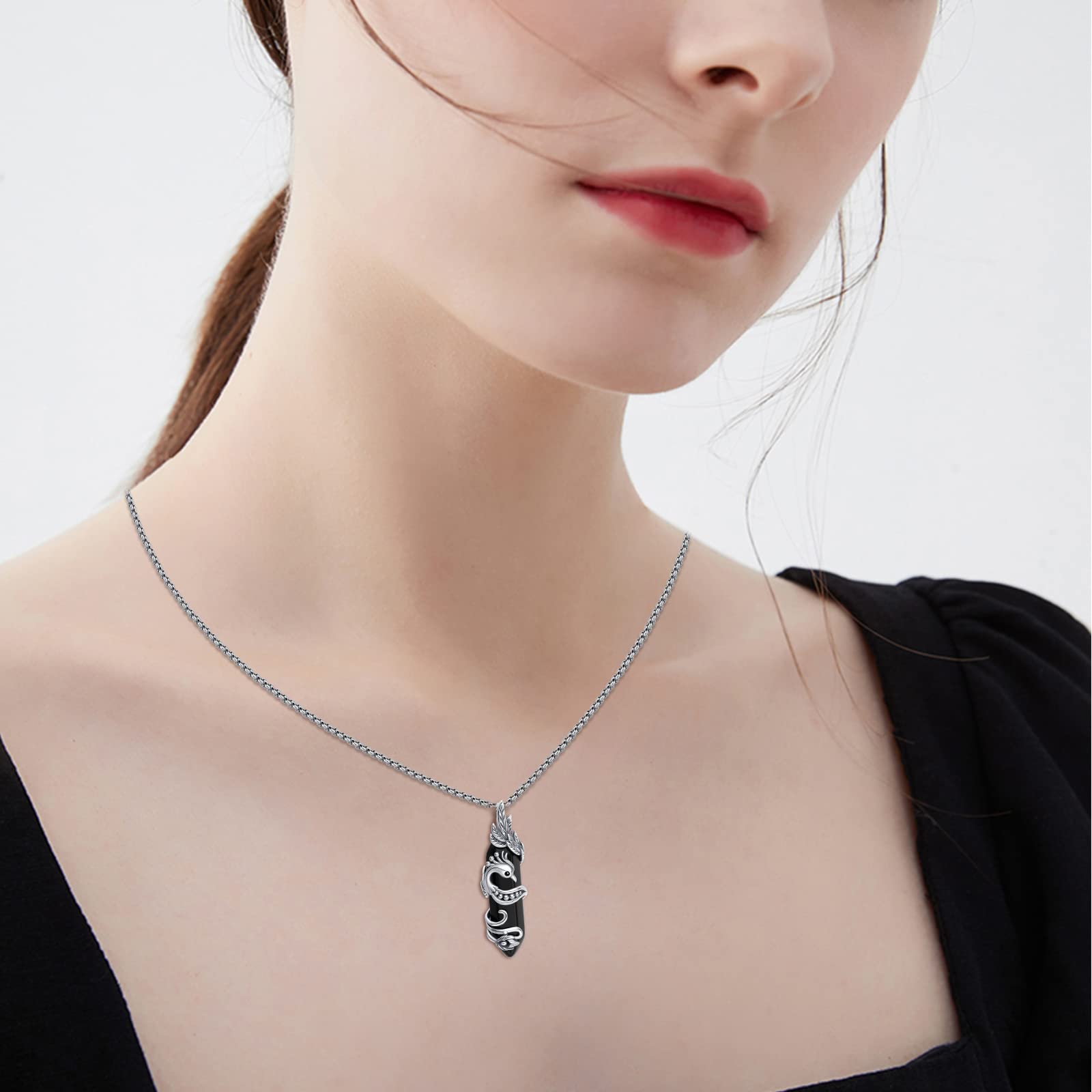 Phoenix Necklace Black Crystal Pendants Nirvana of Phoenix Pendant Fire Bird Phoenix Necklace I Survived Black Crystal Phoenix Jewelry Gift for Women Men 925 Sterling Silver