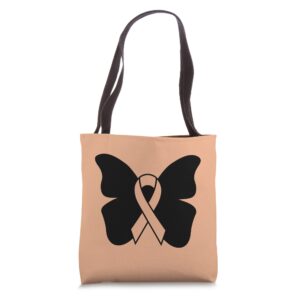 uterine cancer awareness peach ribbon butterfly support tote bag